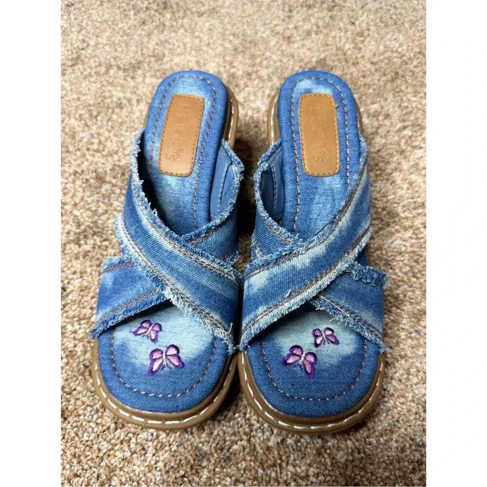 Delia's by Dolls Kill Star Worthy Cross Strap Slides 7 Denim Block Heel Sandals